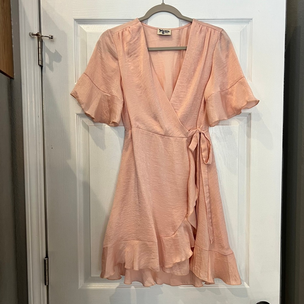 Show Me Your Mumu Wrap Dress Satin Peach Ruffle Romantic Coquette Fairycore S